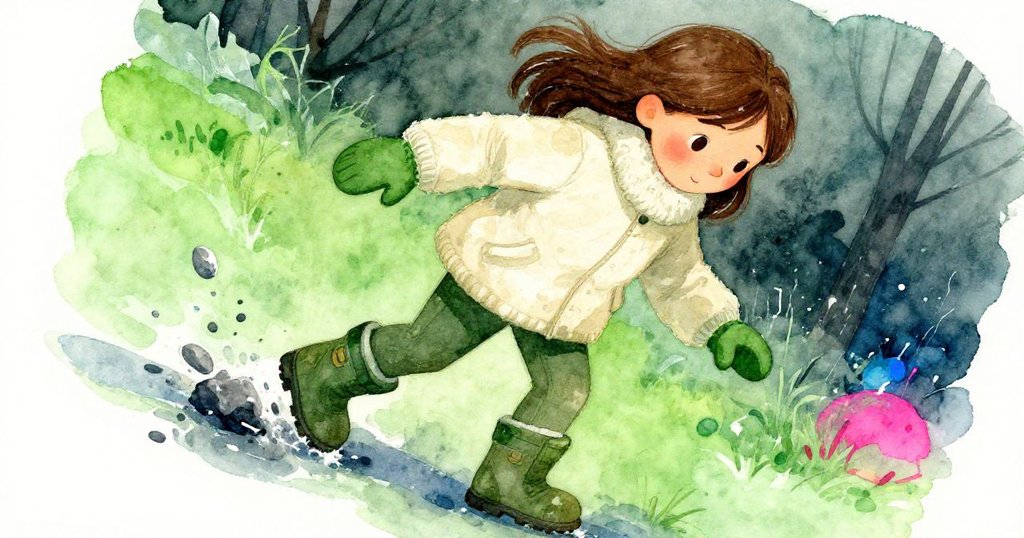 艾拉的靴子劃過覆蓋著灰塵與冰晶的路面，畫面呈傾斜視角，展示出冰層粗糙紋理，她步伐穩健且專注。