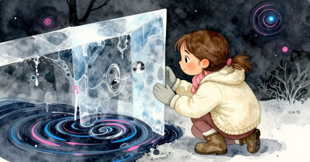 艾拉蹲下仔細觀察冰面下旋轉的暗水，冰面透明中流露出神秘氣息，她臉上流露出既緊張又好奇的表情。