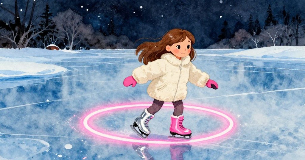 艾拉用溜冰鞋尖輕輕在冰面上劃出圈圈，她神情堅定而略帶好奇，霓虹與銀光交織中展現出轉折瞬間。