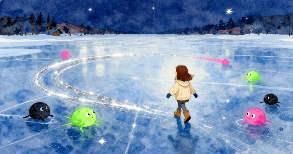 艾拉漸行漸遠，冰面上唯一留下閃爍銀色圈痕，寬廣夜空映襯下表現出冰湖的寧靜與神秘結局。