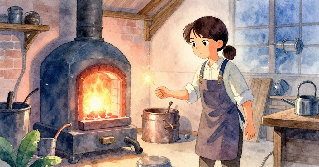 Suki站在閃爍火爐旁，背景有工業工作室的磚牆與工具，神情專注，光線柔和營造溫暖氛圍。