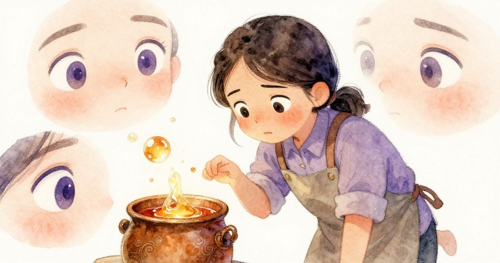 Suki專注向前探看一個盛著熔融琥珀的銅盤，氣泡微妙綻放，表情充滿好奇，背景細節豐富。