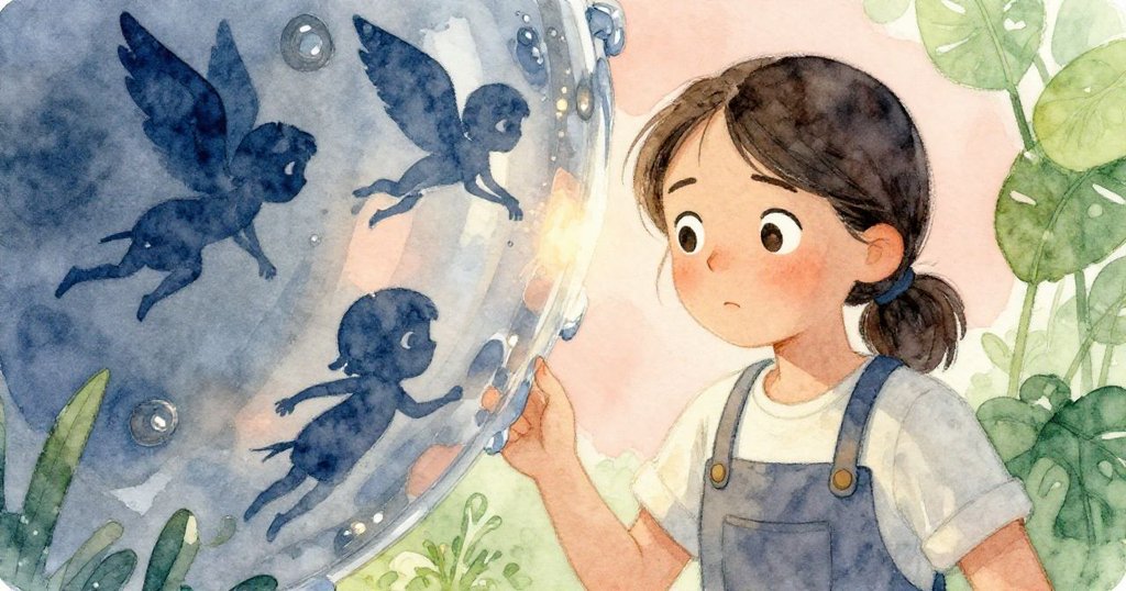 Suki在反光表面上映出她充滿靈感的臉龐，旁邊工具投射出翅膀狀剪影，燈光柔和，營造神秘環境。