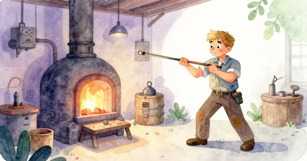 Bram熟練地旋轉吹管，火爐振動，隨著光影變化環境呈現時間流逝的感覺，工坊內光線柔和。