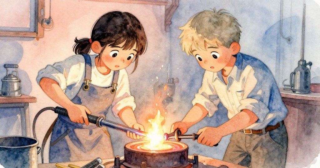 Suki與Bram齊心協力操作吹管，熔融金屬在光芒中交織，彼此眼神交流傳遞默契，工作台環境細節豐富。