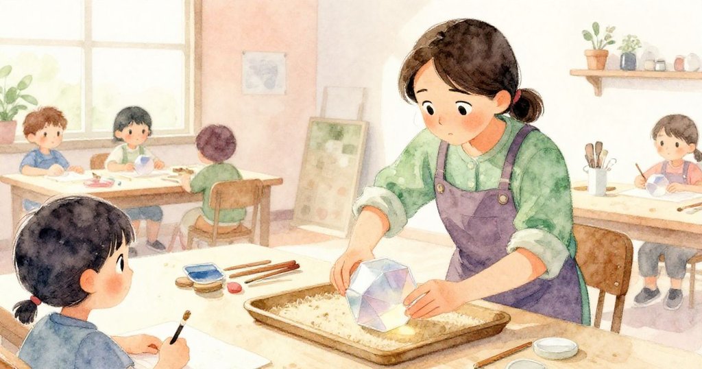 Suki輕柔地將冷卻成透明十二面體的作品放入毛氈托盤中，背景工坊光線柔和，傳達故事仍在延續的感覺。