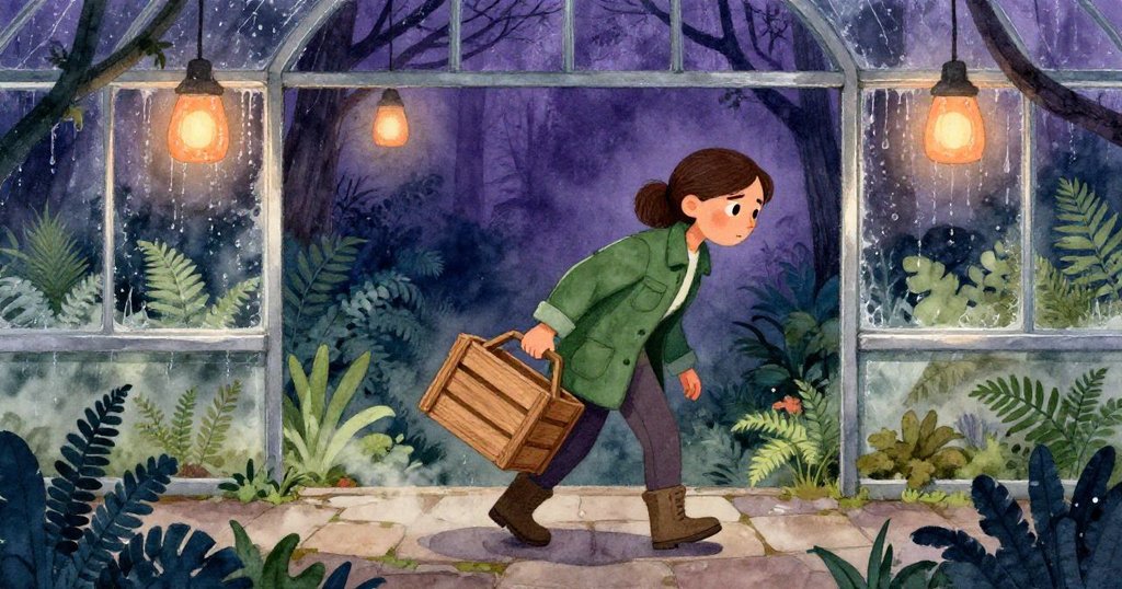 Fern 穿著森林綠工作衣，拖著木箱踏入玻璃房，旗石上滲出蒸氣，夜燈溫柔照亮空間，神情堅定。