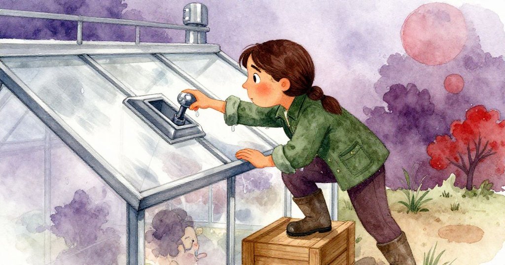 Fern 在木箱上攀爬，伸手觸碰閥桿，手上凝露滴落，玻璃房背景映出溫暖與蒸氣氛圍。