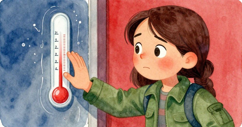 Fern 用手觸摸冒汗的玻璃，眉頭緊鎖，凝視牆上顯示24度的溫度計，神情充滿疑惑。