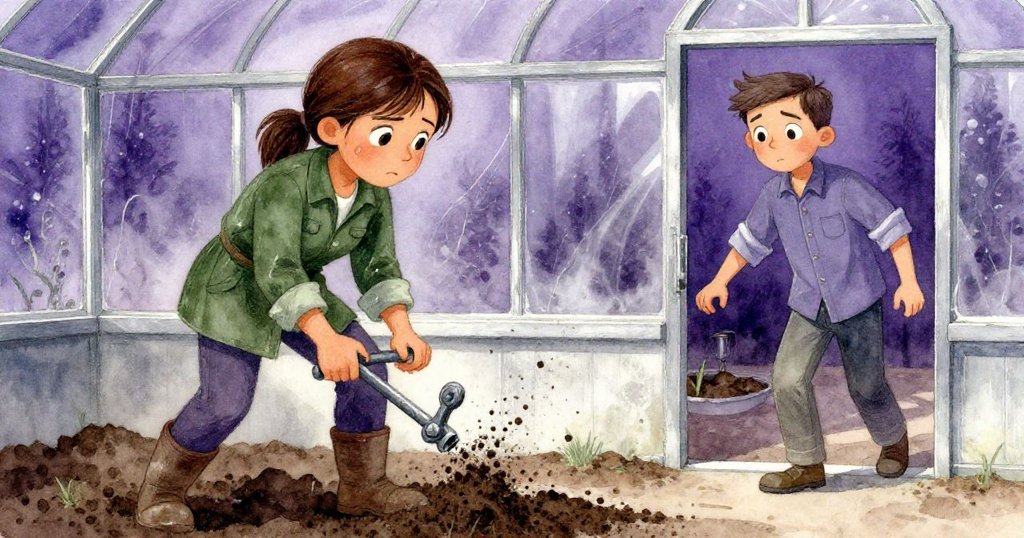 在玻璃房內，Fern 手握滑落的閥桿，土塊四散，Jude 捲袖趕來，神情急切，定格住緊張瞬間。