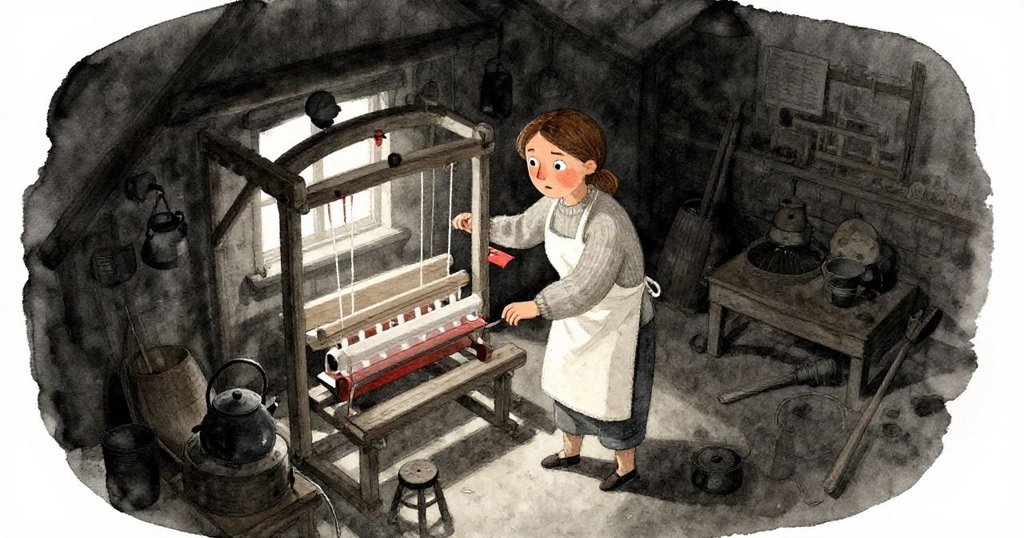 諾拉從上方視角走入昏黃光照的老車間，木梁、織機與工具映出堅定與期待情緒，迎向新的開始。