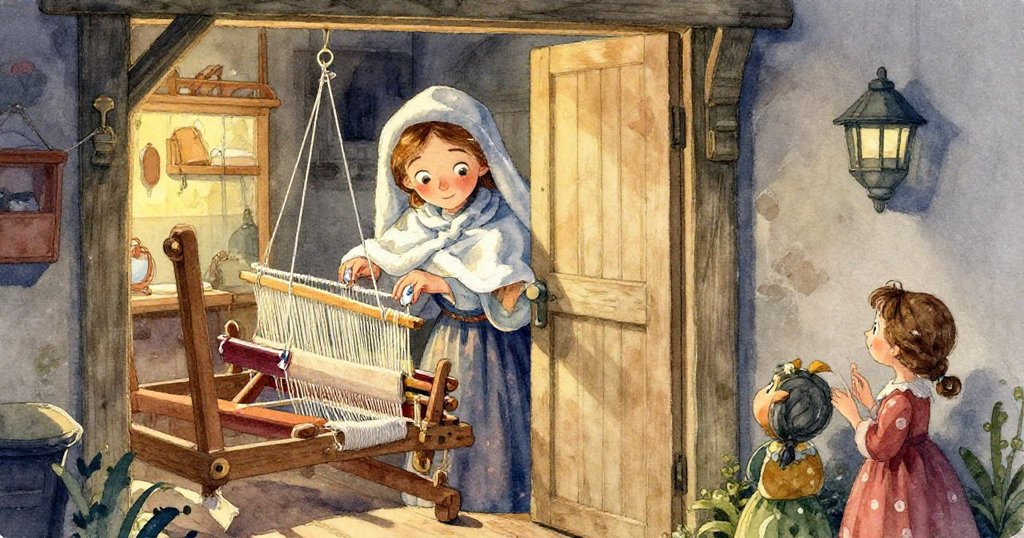 諾拉近距離凝視織機，手握梭子的細節突顯冰冷中堅決與專注神情，場景充滿暖光與微妙陰影。