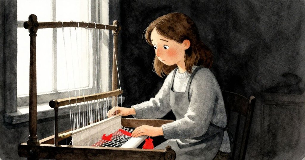 諾拉靜立窗邊凝望，窗外微光映照金屬線帶來的疲態，其神情中流露出細膩與堅毅。