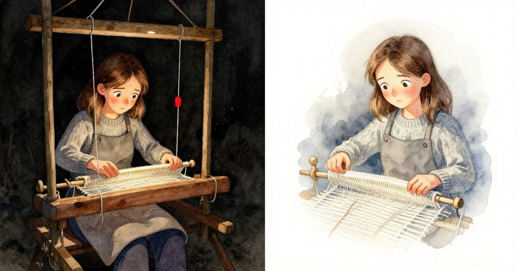 諾拉雙重影像中，一邊專注編織，一邊映出顫動線條預示危機，場景融合真實與隱隱未來風險，情緒複雜。