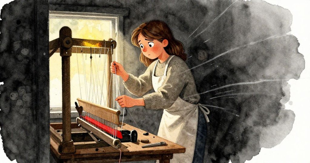 諾拉站在車間門旁，注視鬆弛線料與冷風吹入，臉上露出反思與決心，場景充滿溫暖與嚴峻對比。