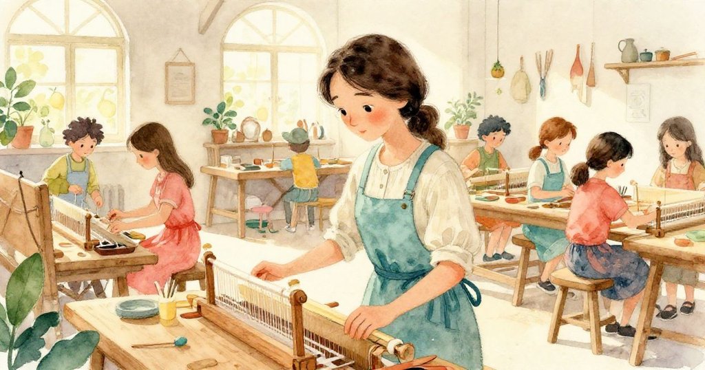 Vera站在繁忙工坊門口,好奇注視著飛梭與眾多匠人合作,室內溫暖明亮充滿活力。