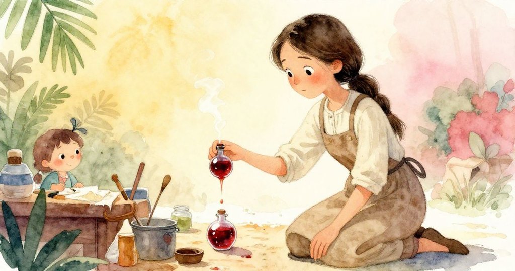 Vera跪在工作臺前,專注檢查掉落深紅液體的瓶子,周圍工具零亂,神情謹慎而充滿決心。