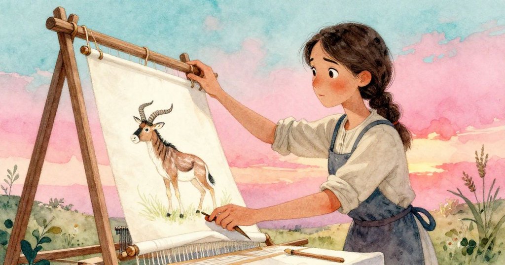 Vera從低角度堅定使用木楔壓平桌布修正染痕,調整織布機張力,背光下充滿決心與專注。