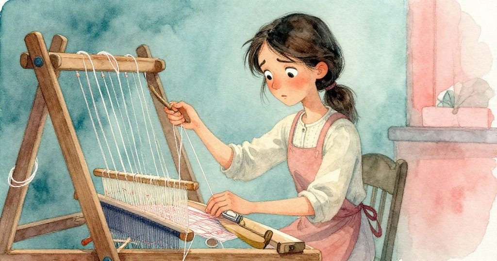 Vera臉上流露擔憂與決心,用木楔調整纏亂的機織線,工作坊內冷光襯托緊張氣氛。