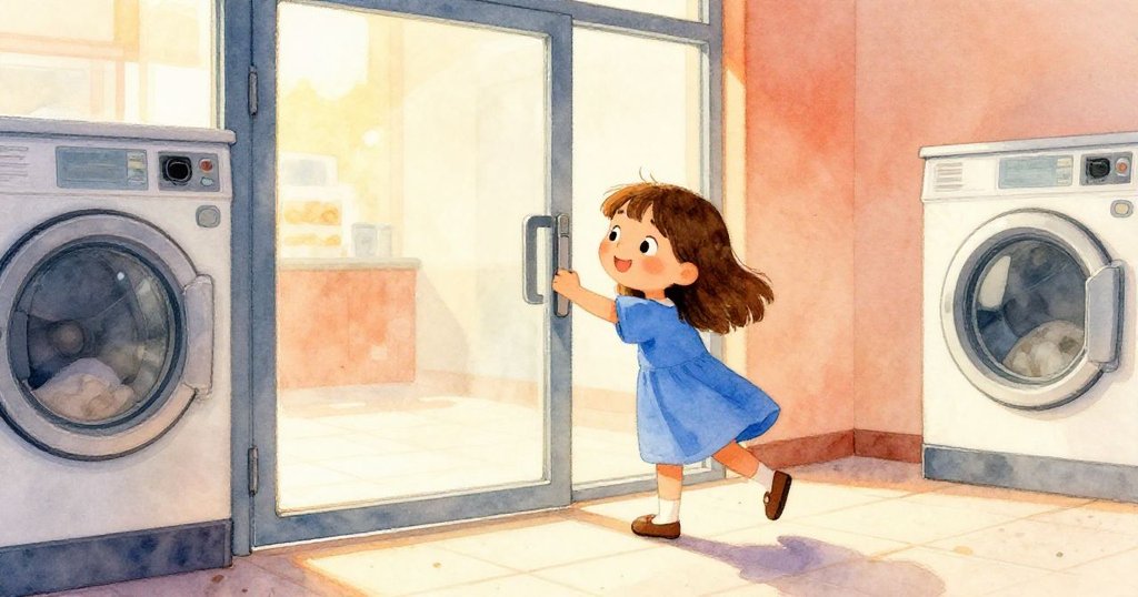 妮娜推開玻璃門進入洗衣店,腳踏斑駁瓷磚,神情充滿好奇與期待,陽光透過窗戶灑入室內。