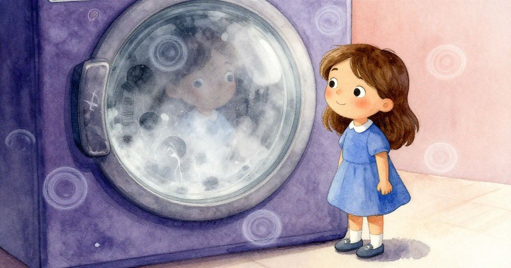 妮娜停在洗衣機旁,凝望起霧氣蒸騰的玻璃,缺失的標記讓她流露出沉思與驚訝,空間中留有水跡。