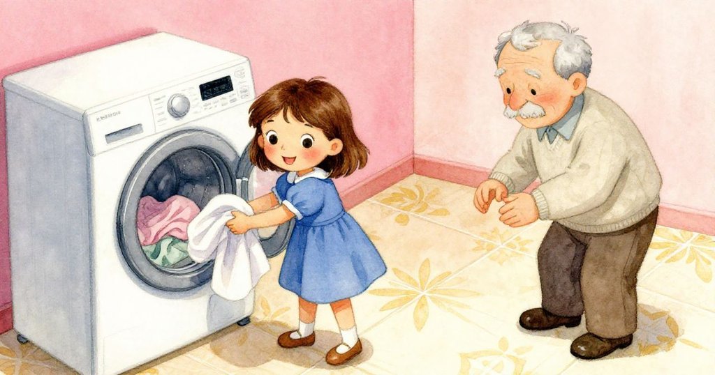 從高處俯視,妮娜正將T恤投入洗衣機,背景中有老先生輕聲計算,室內燈光與地磚圖案交織出和諧氛圍。