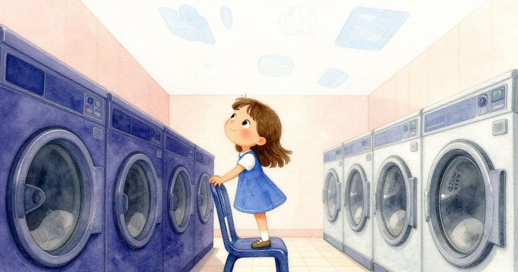 妮娜爬上塑膠椅,專注凝望天花板上淡藍色神秘圖案,臉上滿是驚奇與堅定,洗衣店背景細膩呈現。