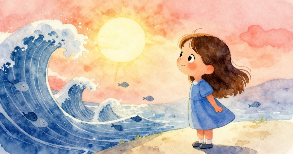 妮娜驚喜地注視著乾衣機上方藍色波浪中浮現的小魚和淡化太陽,臉上洋溢著發現美好秘密的溫暖笑容。