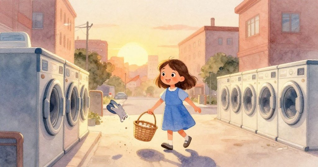 妮娜手持空籃離開洗衣店,夕陽下落的金光映照街景,一隻手套隨步輕輕搖晃,神情既平靜又滿足。