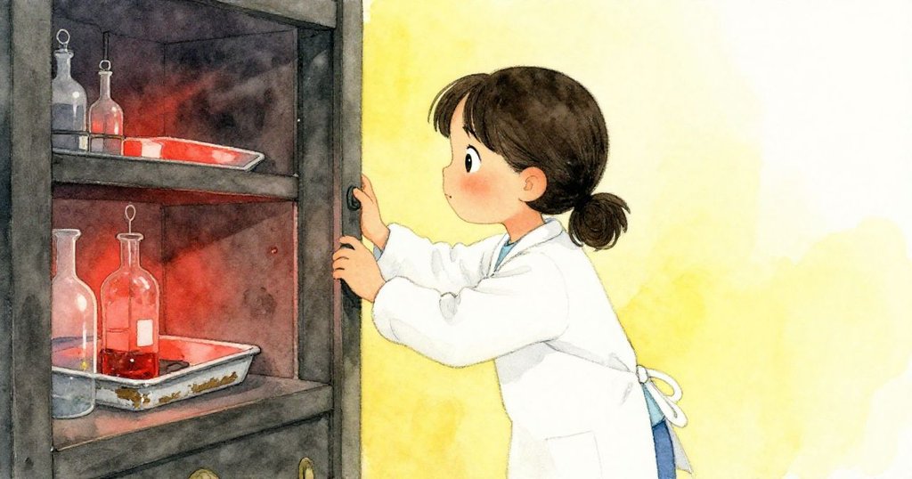 蘇姬在昏暗暗房開門前，輕推門扇，面露平靜，周遭擺放著舊托盤與化學工具，氛圍寧靜中透著期待。