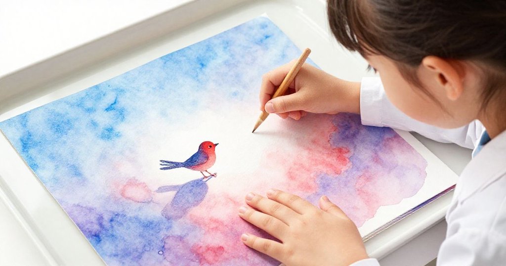 蘇姬俯身注視托盤上逐漸顯現的小鳥剪影，指尖輕觸濕潤的相紙，畫面細膩呈現尋找希望與發現的奇蹟。