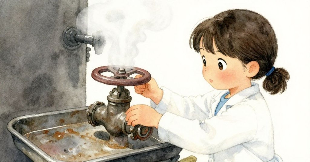 從蘇姬背後看，她專注調整生鏽閥門，蒸汽輕繚於暗房工作檯上，氛圍中透露出認真與巧思的瞬間。