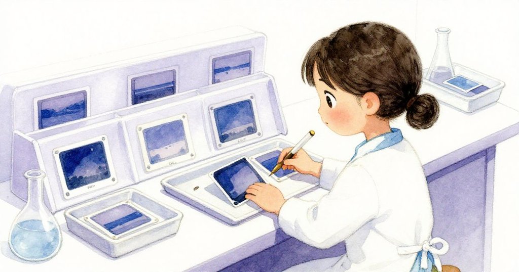 從高處俯瞰暗房，展示排列整齊的化學托盤與印相，背景中老底片映出海平線及隱現小鳥，蘇姬專注於工作。