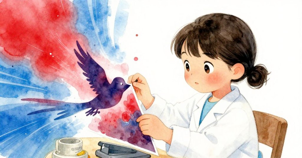 蘇姬調整設備時，濃淡交織的化學反應使相紙上小鳥剪影漸明，臉上露出認真與滿足的神情。