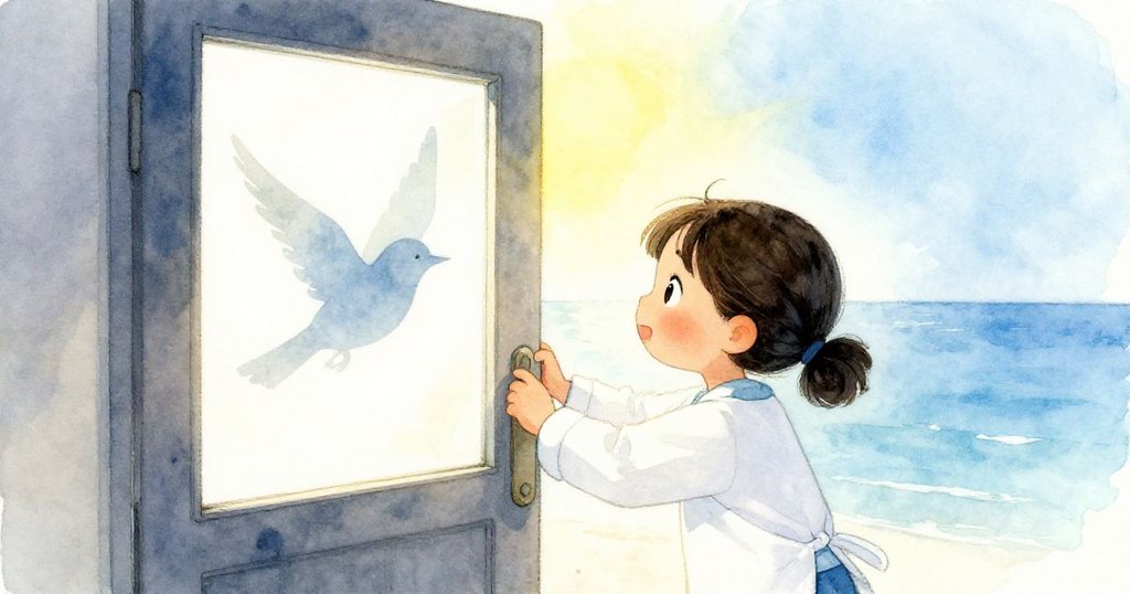 蘇姬輕推暗房門，迎入明亮室內，牆上完成的小鳥相片清晰亮麗，帶來寧和與藝術成功的溫馨氛圍。