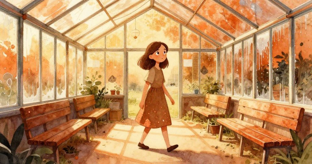 在溫暖的玻璃溫室內，Nora緊握澆水壺穿過長凳間，陽光斜照、露珠輕滴，她神情專注展現堅定。