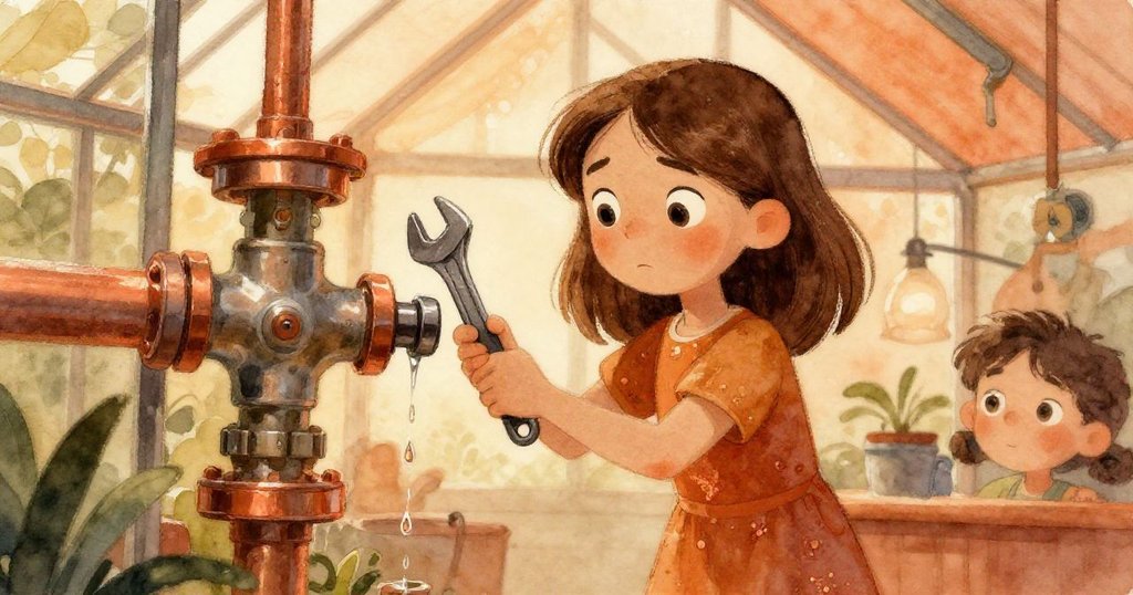 Nora從低角度展示堅定神情，手持扳手檢查滴水的金屬接頭，溫室內光線暖意濃厚充滿決心。