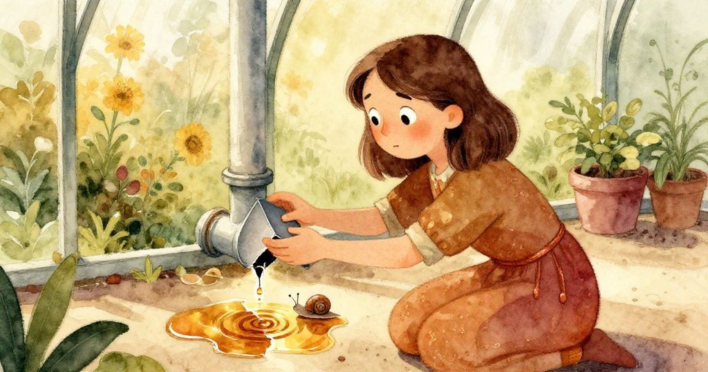 Nora小心翼翼擺放楔子調整漏水管，近旁蝸牛停在碎片上，倒映出溫暖琥珀光澤與回憶色彩。