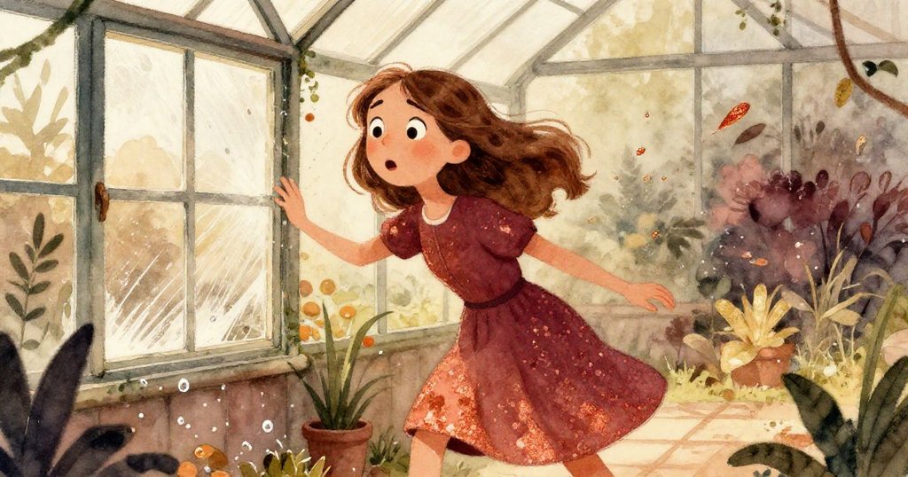 突然的晃動中，Nora驚訝退後，濕手擦拭褲子，搖動的窗戶與飛濺水珠增添緊張動感。