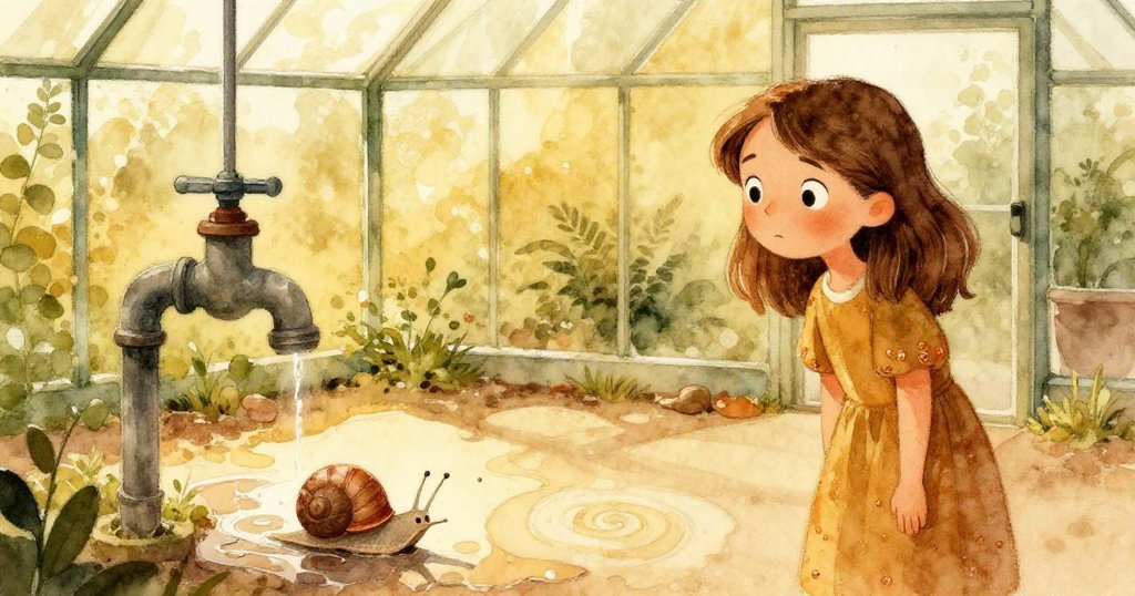 在午後柔光中，Nora靜靜觀察修復後滴水的閥門旁破碎螺旋，蝸牛穩步前行，氛圍寧靜溫暖。