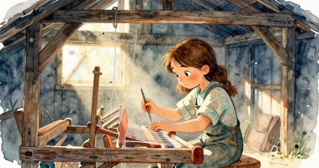 Faye 在明亮的雜物間中忙著操作梭子，陽光透過高窗投下溫暖光芒，細節展現出她專注而堅定的神情與動作