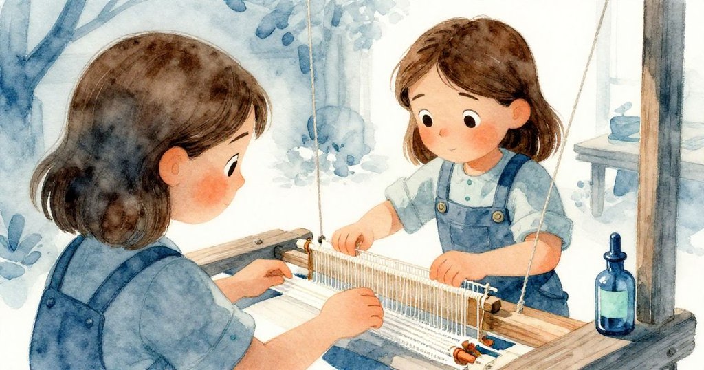 Faye 從背後操作梭子，手上動作熟練，旁邊桌上放著在陽光下閃著溫暖光芒的靛藍油瓶，透出期待與專注的神情