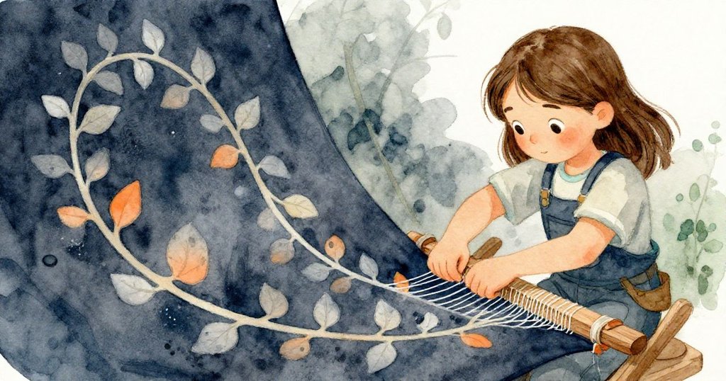 Faye 快速調整姿勢改變梭子運動軌跡，藤蔓在背後輕輕擺動，她專注而流暢的動作展現創意與決心