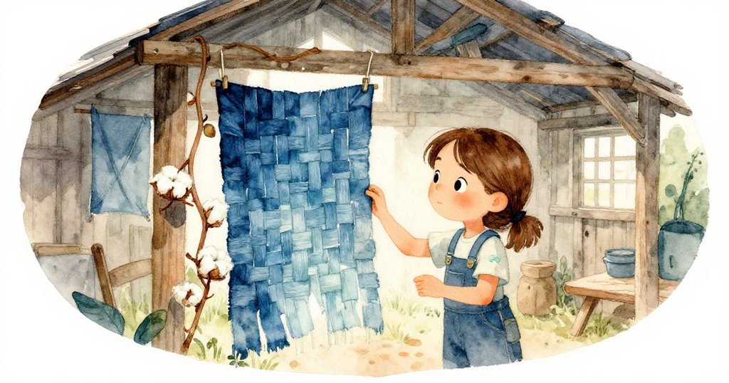 Faye 站在窗邊欣賞完成的布面，布上交織出靛藍與天然棉線的和諧圖案，藤蔓靜謐側立，整體環境透露出溫暖與寧靜