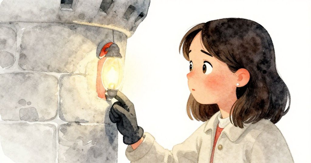 珍珠以戴手套之手輕撫古舊彎石牆,面部專注流露溫柔情感,燈光映出歲月痕跡。