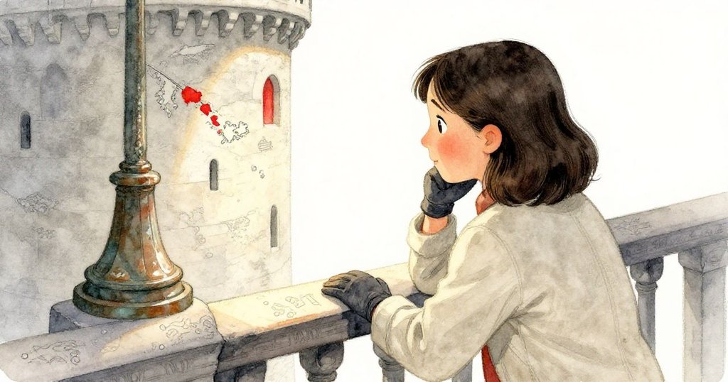 珍珠立於銅質基座旁,俯身觀察鐵欄上刻著細膩海岸圖案,充滿驚喜與探索精神。