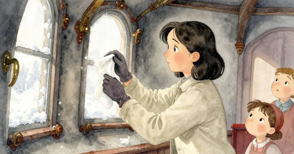 珍珠在塔內靜謐房間中細讀鹽霜窗與銅飾銹痕,手持濕棉巾,流露出對歷史故事的深情探索。