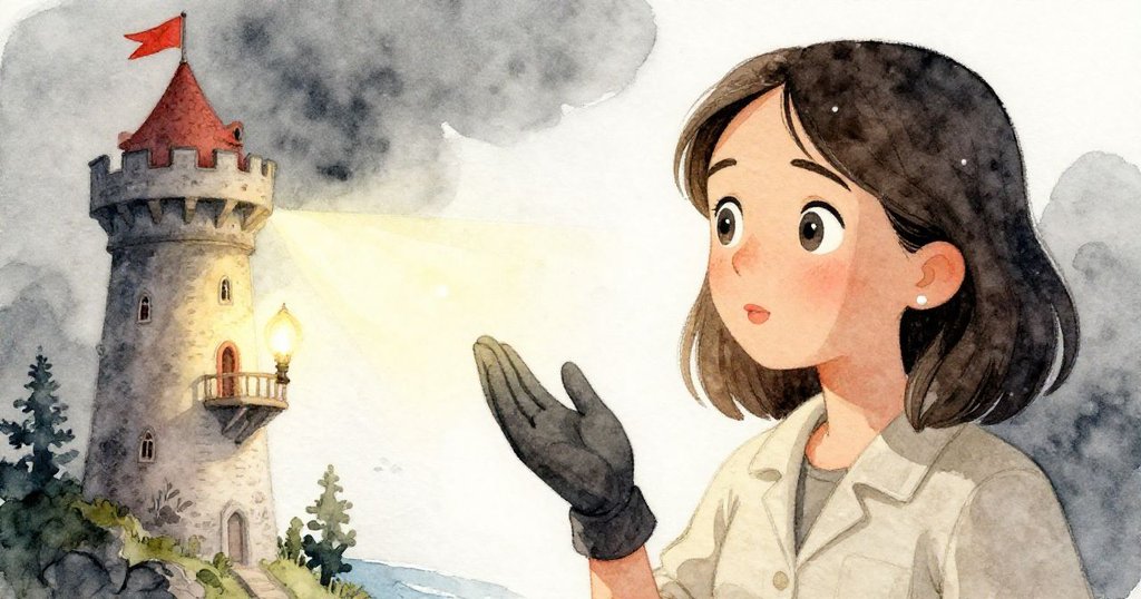 珍珠眼神驚喜凝視,燈光映照出微雕海岸的秘密,流露出對傳承與發現的奇妙慶祝。