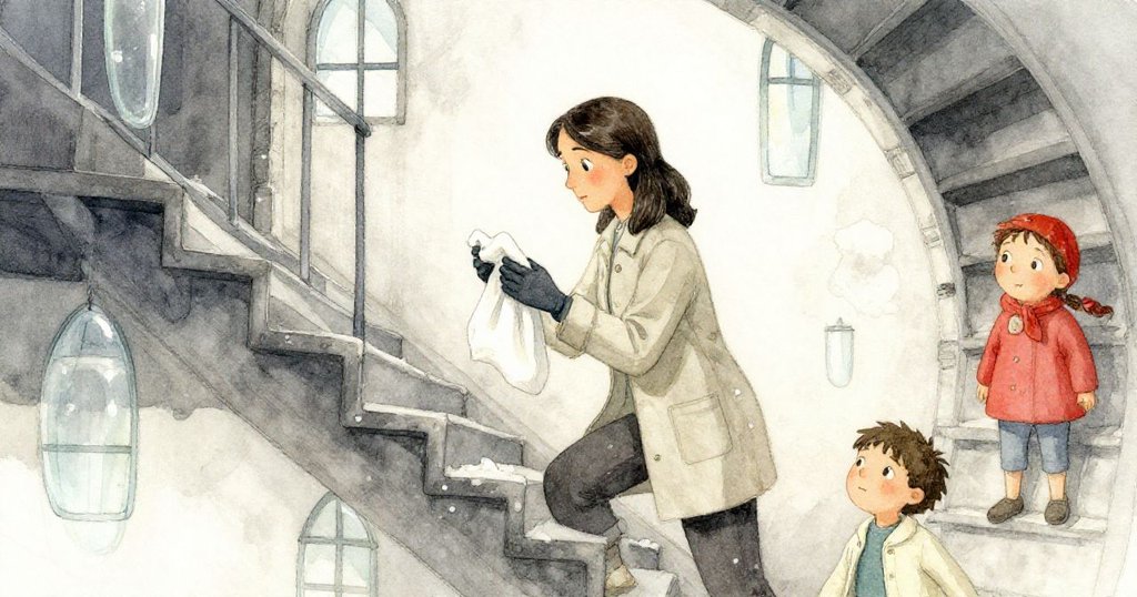 珍珠折好棉巾緩步從古樓梯下降,玻璃輕震與遠響號角陪伴,映出告別舊時光與迎新旅程的溫柔情懷。