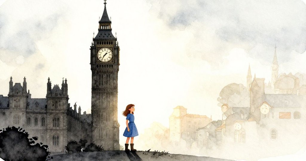 莉莉站在老舊鐘樓前，輪廓分明準備攀登，背景明亮展現出堅定與期待的情感。